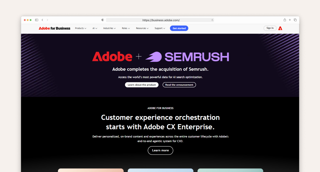 An Adobe for Business webpage announcing "Adobe completes the acquisition of Semrush." Below, a section promotes Adobe CX Enterprise for customer experience.