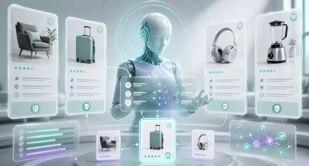 An AI robot interacts with glowing digital shopping displays featuring products like a chair, suitcase, headphones, and blender, illustrating futuristic e-commerce.