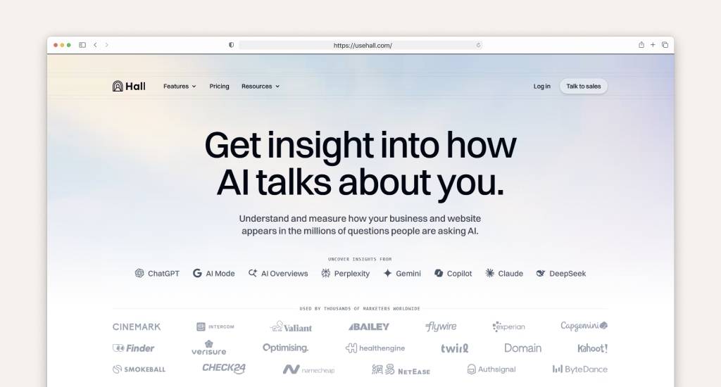 A screenshot of the Hall website landing page. Large text reads, "Get insight into how AI talks about you," above logos for ChatGPT, Perplexity, Gemini, and more.