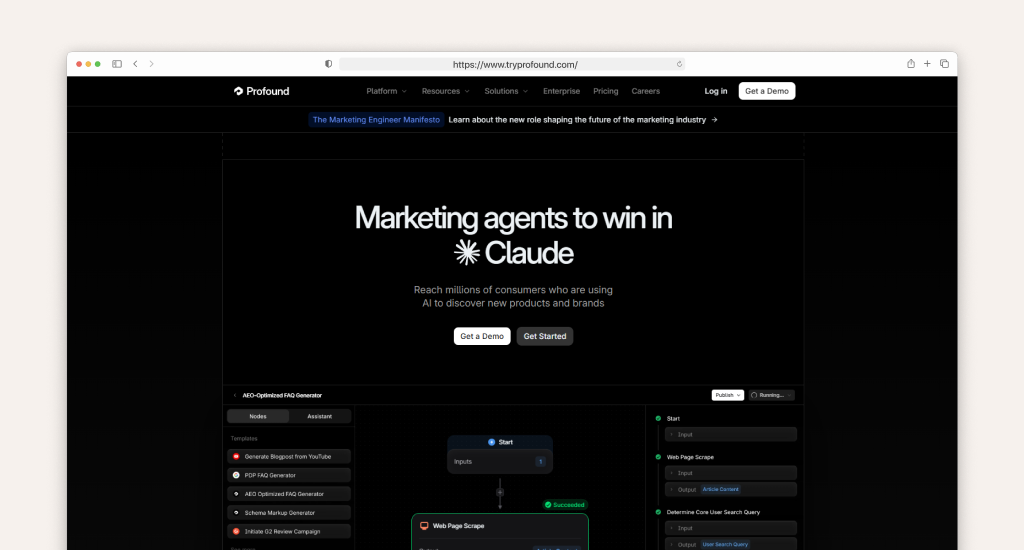A laptop screen displays the Profound website, featuring the text "Marketing agents to win in Claude" and a complex AI workflow diagram on a dark interface.