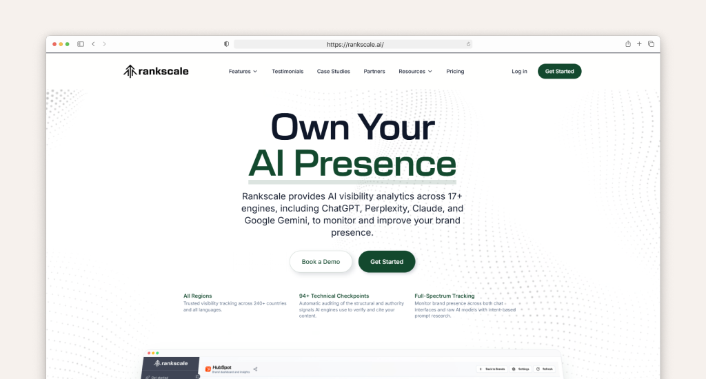 A screenshot of the Rankscale website featuring the headline "Own Your AI Presence." It describes AI visibility analytics for engines like ChatGPT and Gemini.