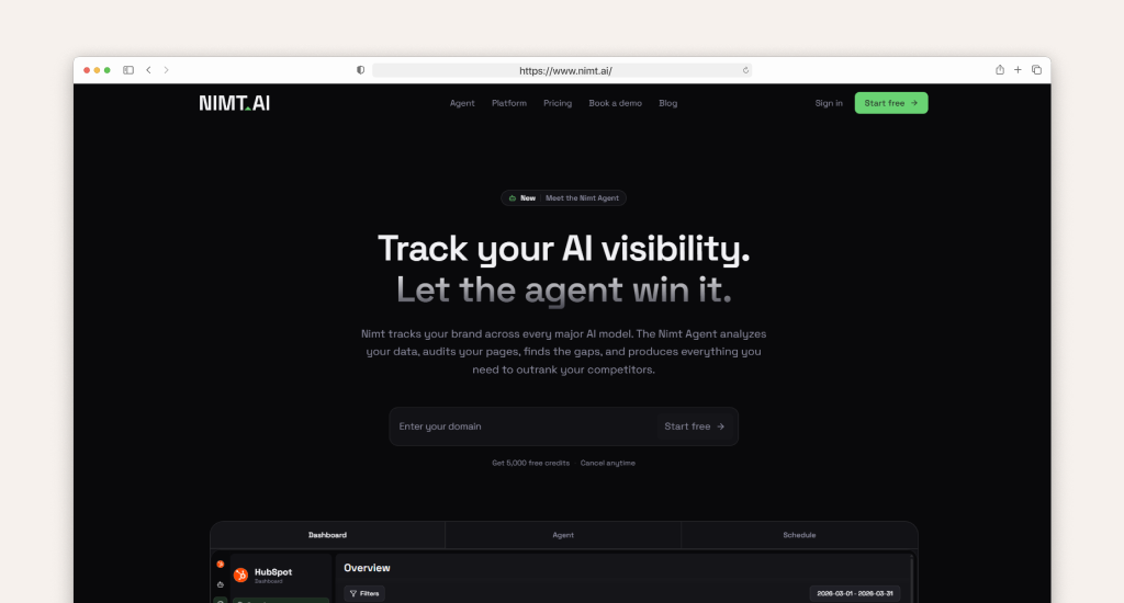 A screenshot of the NIMT.AI website featuring a dark mode interface. It displays the headline "Track your AI visibility" and a search bar to enter a domain.