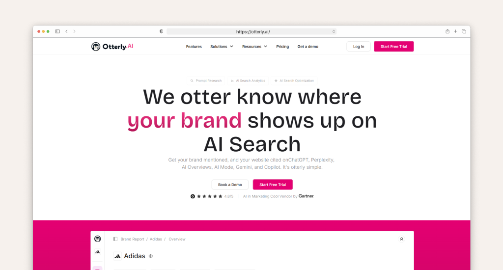A website screenshot for Otterly.ai featuring the headline "We otter know where your brand shows up on AI Search" above a "Start Free Trial" button.