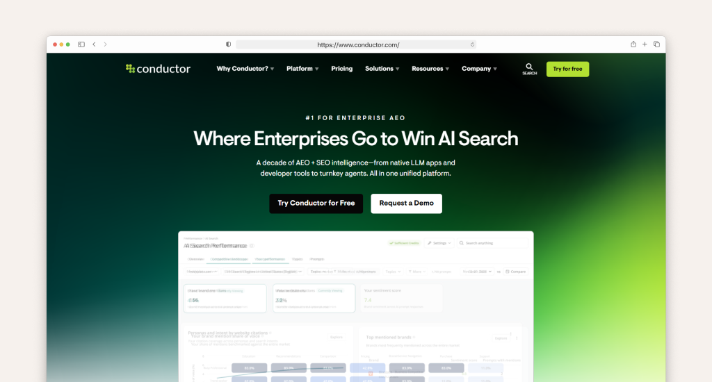 A screenshot of the Conductor website featuring the headline "Where Enterprises Go to Win AI Search" over a green gradient background with a software dashboard below.