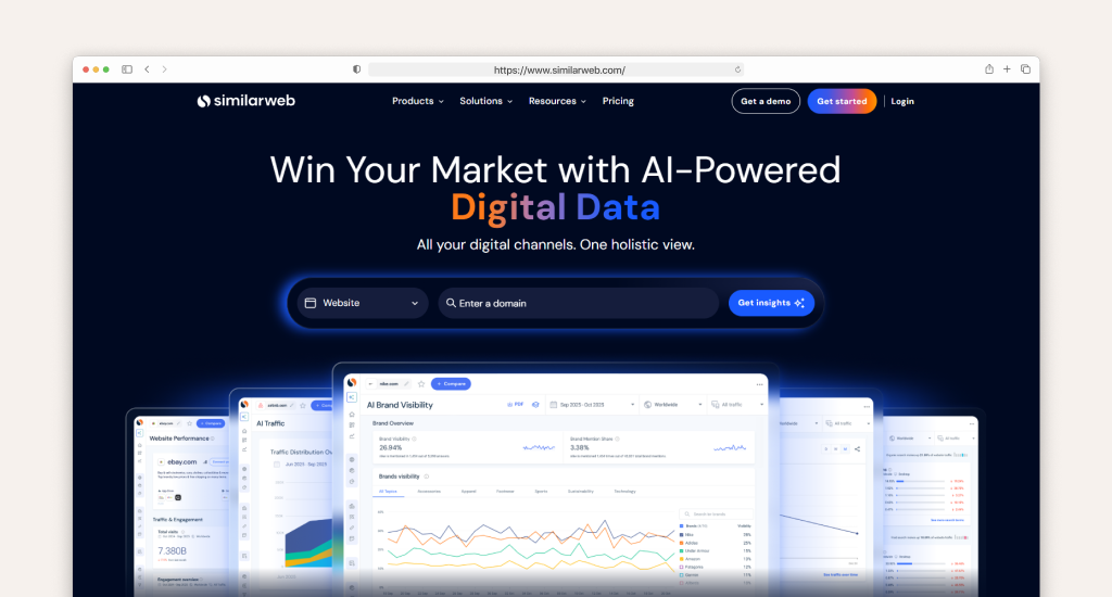 Homepage of Similarweb featuring the headline "Win Your Market with AI-Powered Digital Data" over a dark background with blue accents and data dashboard previews.