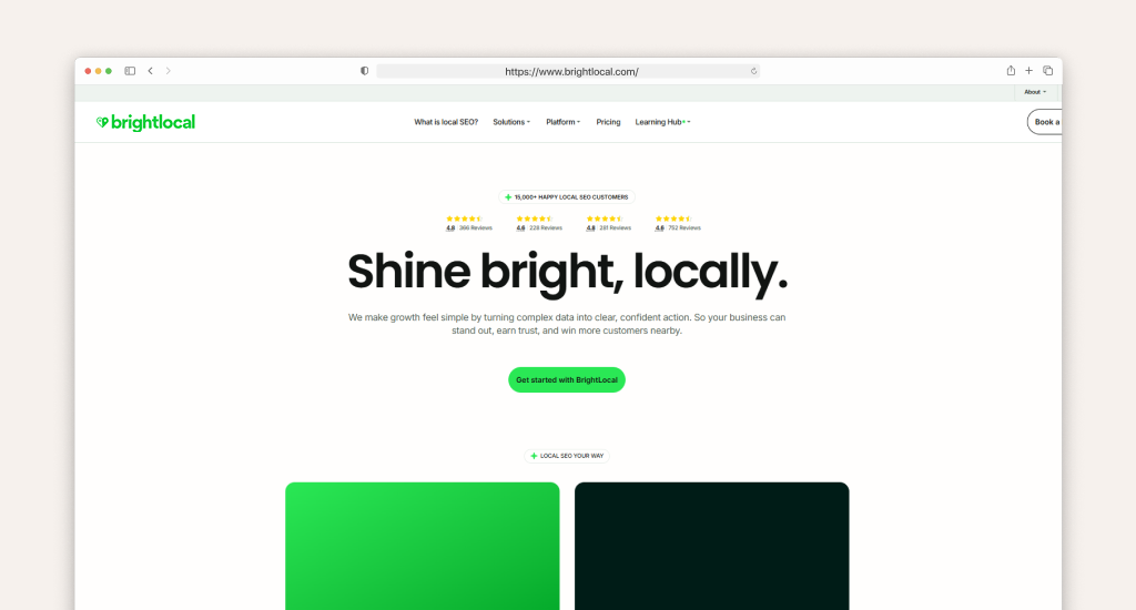 Local SEO platform review highlighting the BrightLocal homepage interface for local rank tracking and listing management.