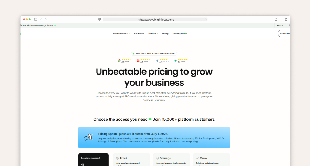 Local SEO tool cost breakdown showcasing BrightLocal pricing plans, monthly packages, and citation fees.