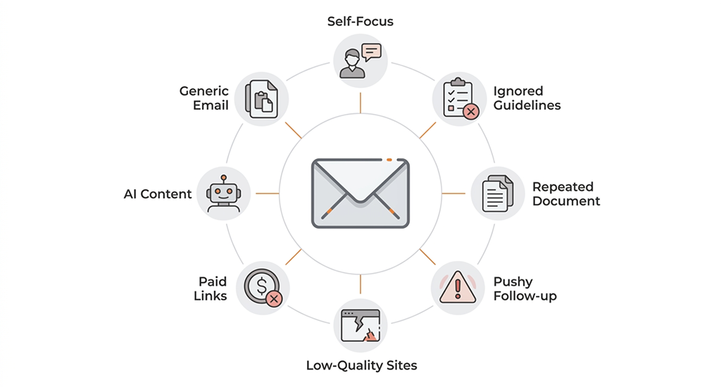 An infographic circle surrounding an envelope icon, showing 8 common email outreach mistakes: Self-Focus, Ignored Guidelines, AI Content, and Low-Quality Sites.