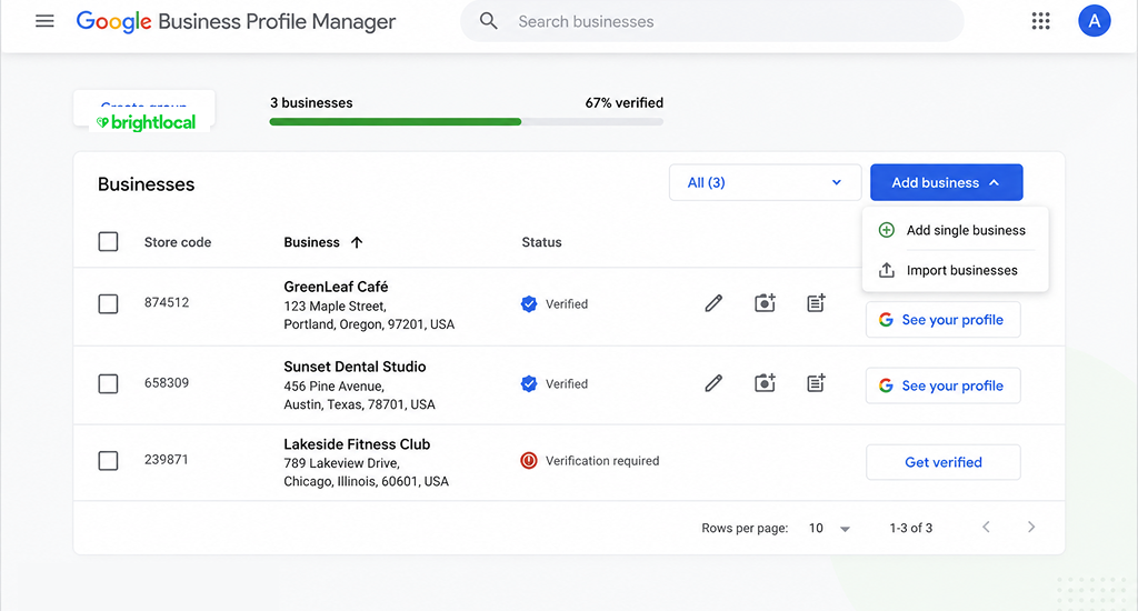 the Google Business Profile Manager dashboard with a list of business locations and the add business dropdown menu open.
