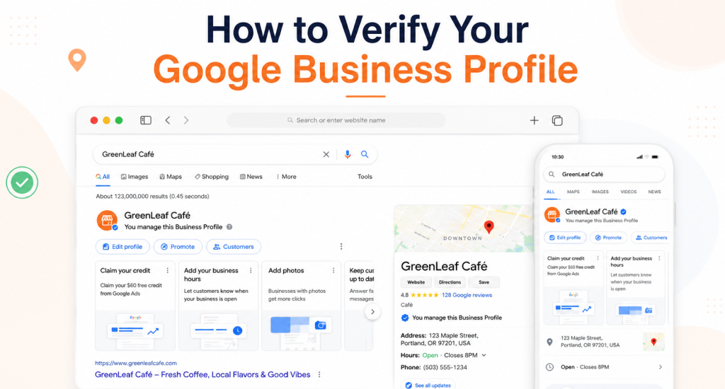 An infographic showing desktop and mobile layouts on how to verify a Google Business Profile for a local café.
