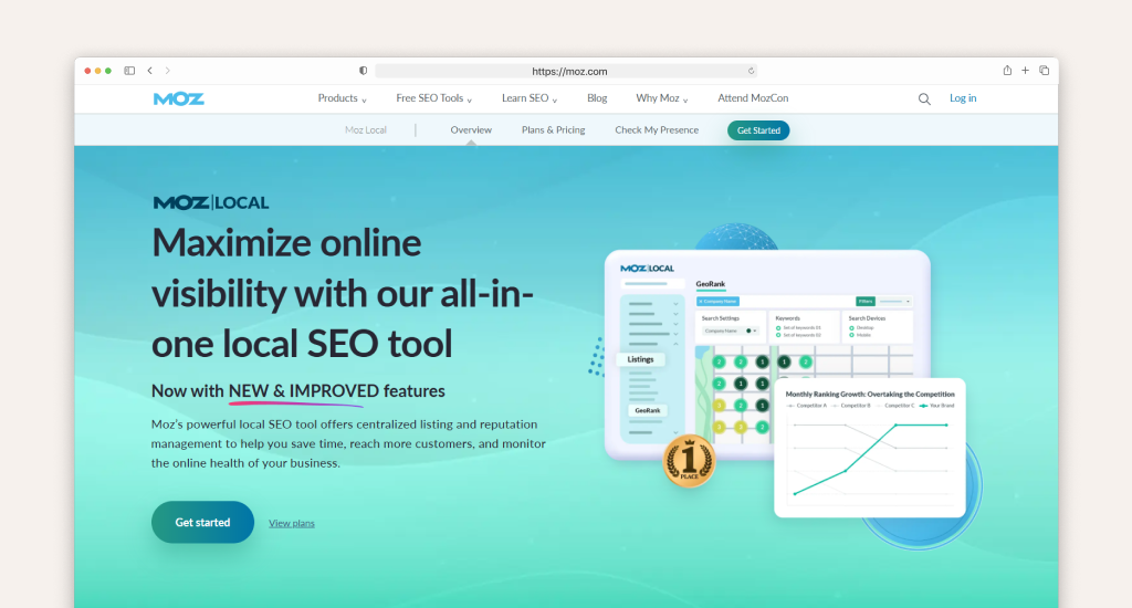 Local SEO platform review highlighting the Moz Local homepage interface for automated listing distribution and search visibility.