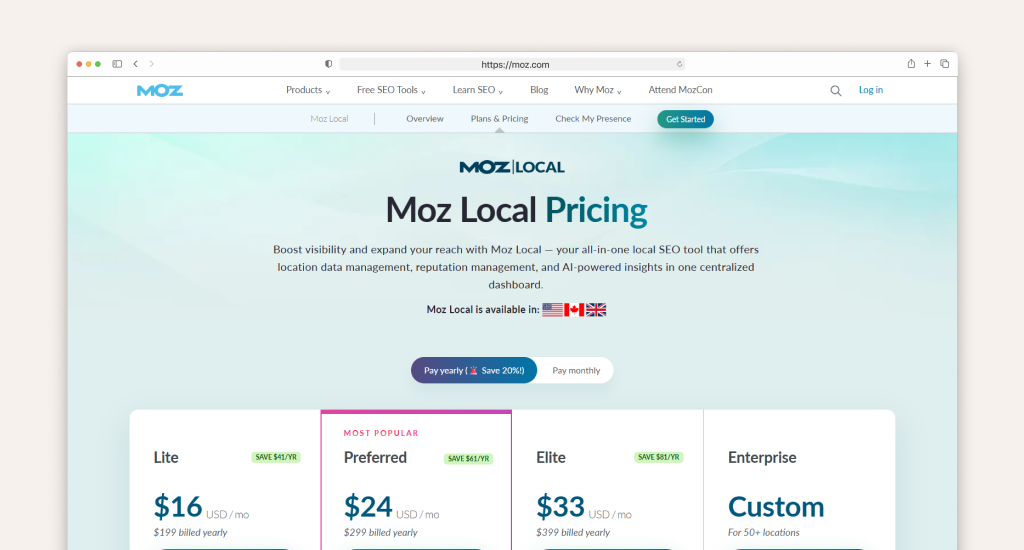 Local SEO tool cost breakdown showcasing Moz Local pricing plans, per-location tiers, and optional AI add-ons.