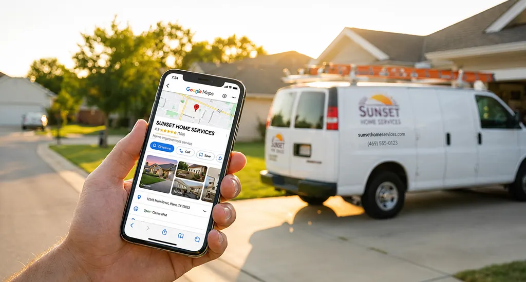 Hand holding a smartphone displaying a contractor Google Maps listing in front of a branded company service van.
