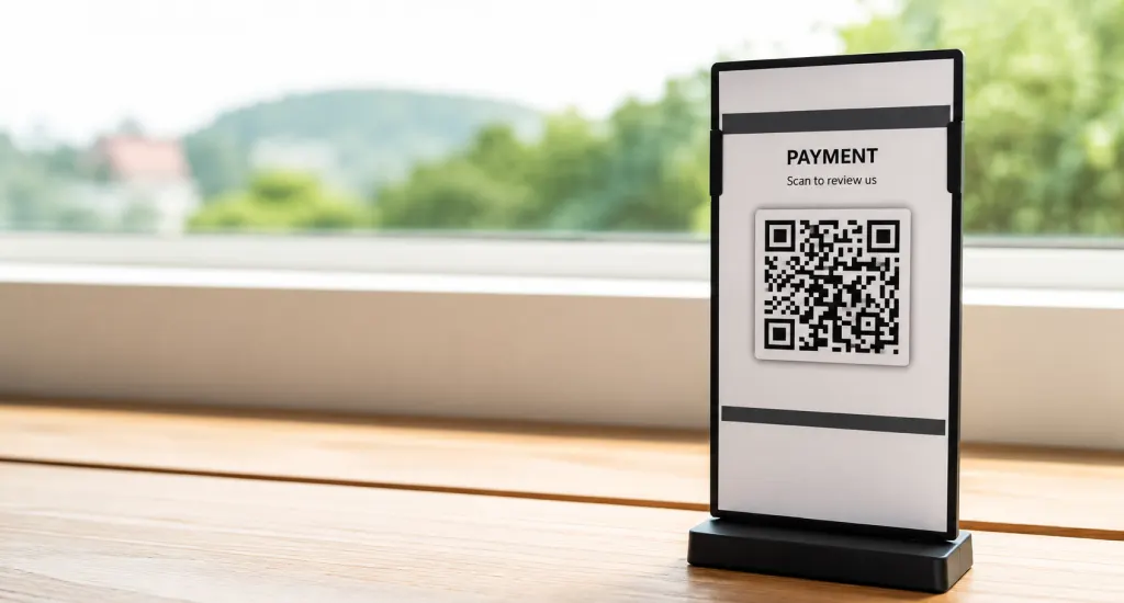 A sleek black countertop acrylic stand holding a payment and review QR code display on a wooden table near a window.