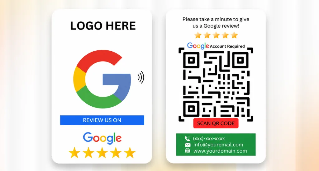 Two sizes of a printed Google review sign with QR codes and NFC icons.