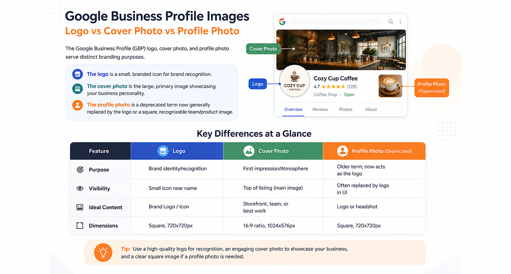 The differences in dimensions and placement between a Google Business Profile logo, cover photo, and profile photo.