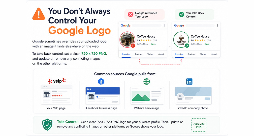 Why Google overrides business logos with external images from Yelp or Facebook and how to fix it.