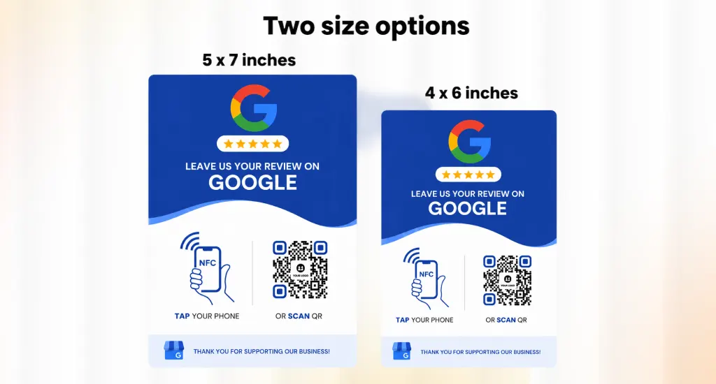 A double-sided print layout for a Google review sign featuring a QR code.