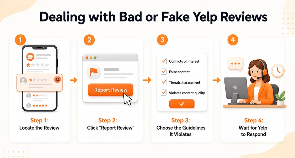Four-step process diagram explaining how to report fake Yelp reviews: locate review, click report, select guideline violation, and wait for response.