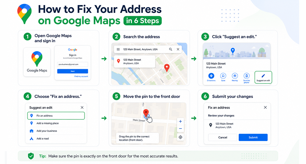 The 6 steps to fix your address on Google Maps.