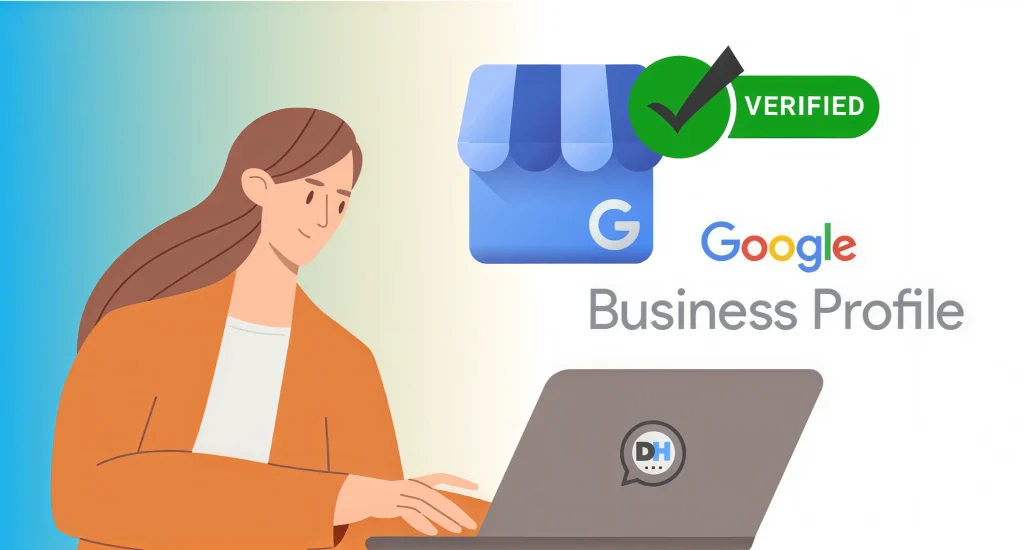 Illustration of a woman managing a verified Google Business Profile listing on her laptop.