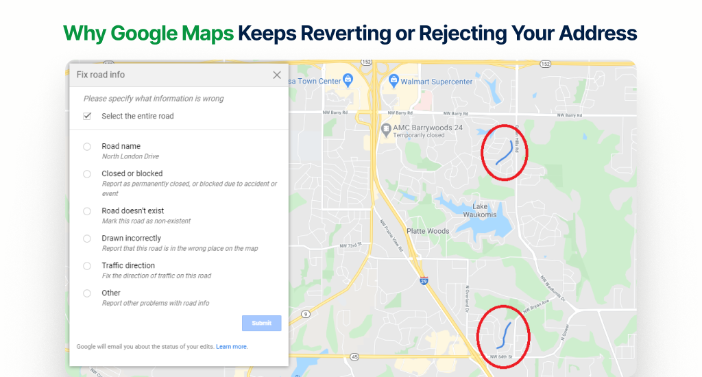 A Fix Road Info menu overlay with red circles highlighting map errors.