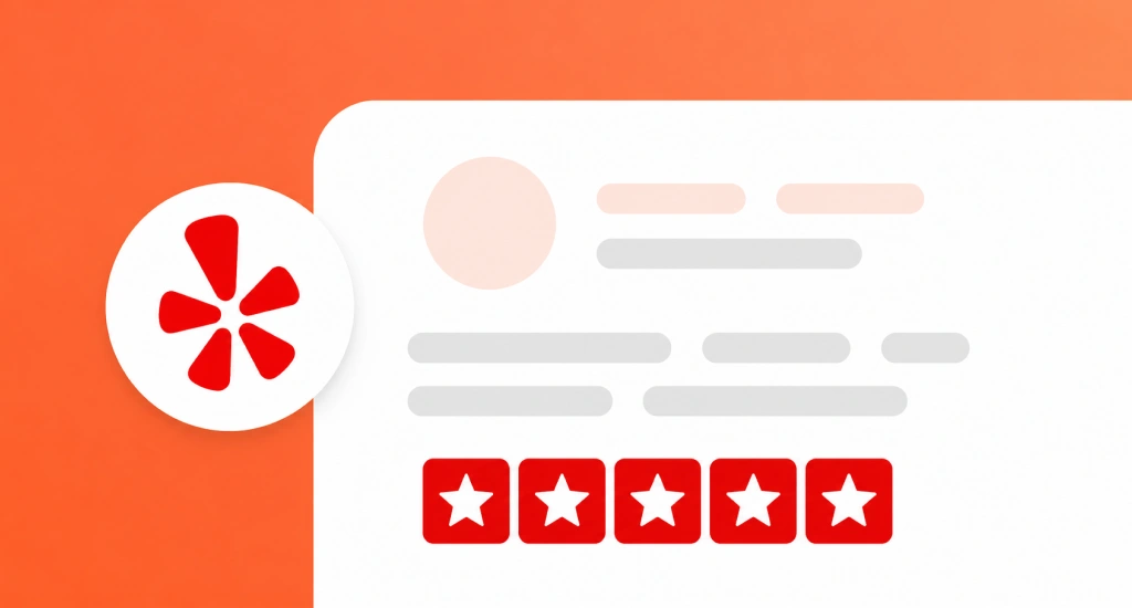 3D render of a smartphone showing a 5-star Yelp review page next to a storefront model and an upward trending growth chart.