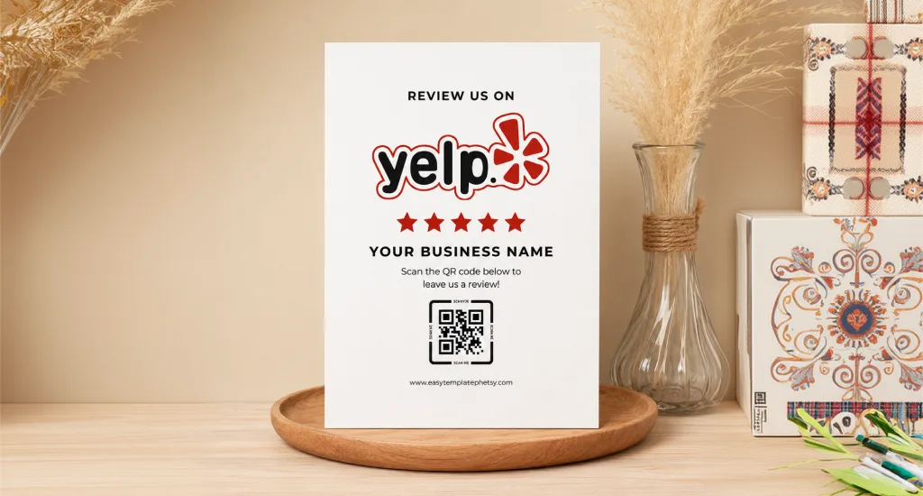 A tabletop review sign displaying the Yelp logo, 5 stars, business name, and a scannable QR code next to decorative dried flowers.