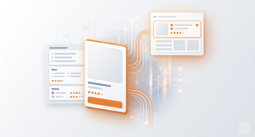 An abstract orange and white graphic shows data flowing from a product spec sheet into an AI-enhanced interface, featuring star ratings and digital network lines.