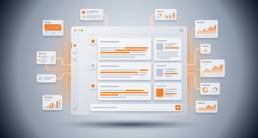 An abstract 3D digital interface showing a central browser window connected by orange lines to various floating data visualization widgets and charts on a grey background.