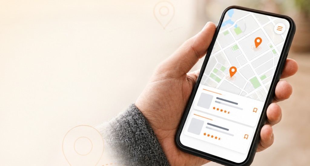 A person holding a smartphone displaying a digital map application with local business location pins.