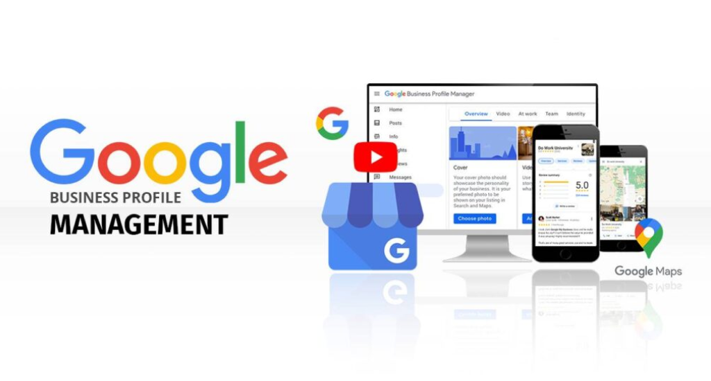 A Google Business Profile Management graphic featuring a desktop monitor, mobile phones showing a business listing, and Google Maps icons.
