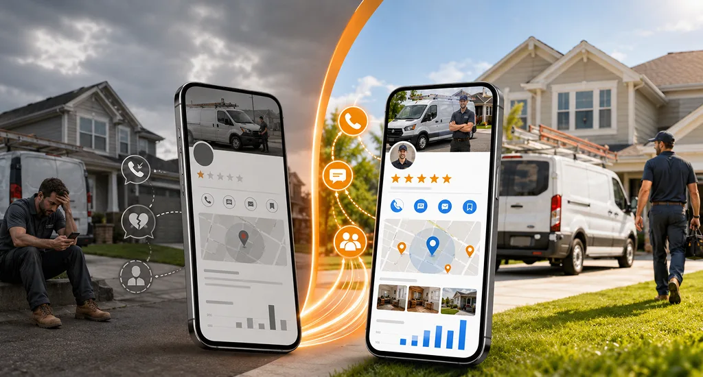 Side-by-side comparison of an unoptimized contractor Google Business Profile versus an optimized listing driving customer calls and leads.