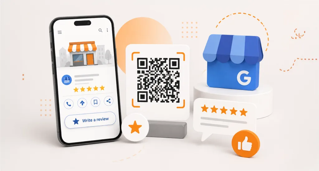 3D mockup of a smartphone, a storefront, and a Google review QR code.
