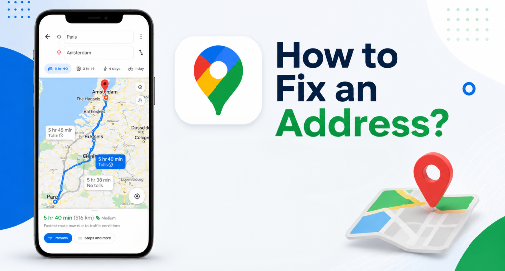 Google Maps navigation next to text reading How to Fix an Address.