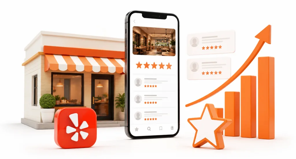 Graphic displaying the Yelp logo next to a review card with a five-star rating on a bright orange background.