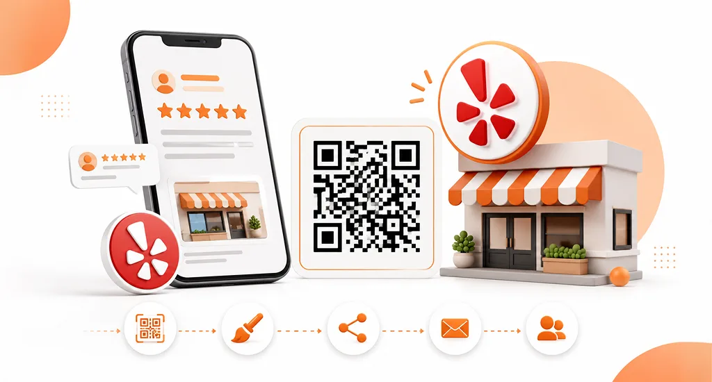 illustration featuring a smartphone showing 5-star reviews next to a large QR code, Yelp logo badge, and storefront model.